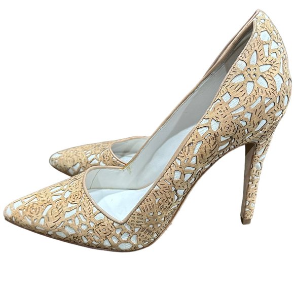 Alice + Olivia Dina Heel Natural Laser Cut Cork & White Canvas Sz 8.5 Excellent! - Picture 3 of 7